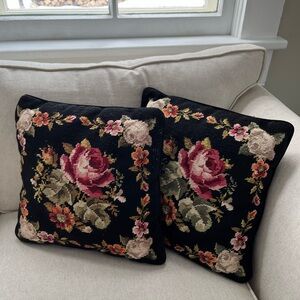 Vintage Floral Needlepoint Throw Pillows - Black and Pink Rose